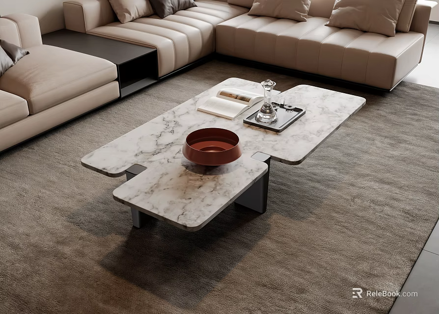 Modern Beige L Sofa And Marble Coffee Table Set With Metal Frame On Gray Carpet 3d model 