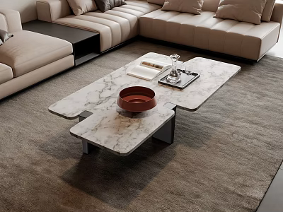 Modern Beige L Sofa And Marble Coffee Table Set With Metal Frame On Gray Carpet 3d model