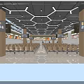 Spacious Restaurant Interior With Dining Tables Chairs Geometric Ceiling Lights And Order Counters 3d model