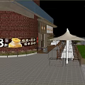 Delightful Dessert Shop With Red Brick Exterior Outdoor Seating Umbrella Canopies And Displayed Pastries