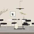 Modern Dining Table Set With White Top Black Chairs Metal Legs And Pendant Light