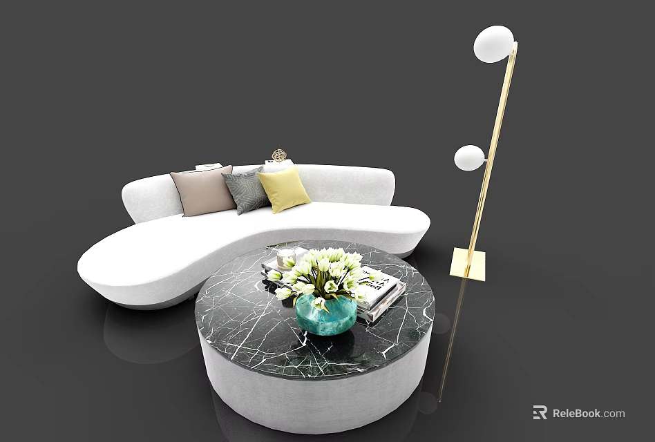 White Sectional Sofa with Colorful Pillows Marble Coffee Table Floor Lamp in Modern Living Room 3d model 