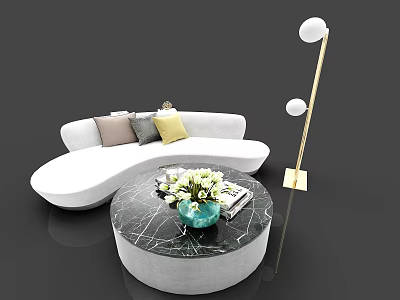 White Sectional Sofa with Colorful Pillows Marble Coffee Table Floor Lamp in Modern Living Room 3d model
