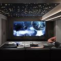 Modern Home Theater Room With Starry Ceiling Dark Walls Black Sofas And Ambient Lighting