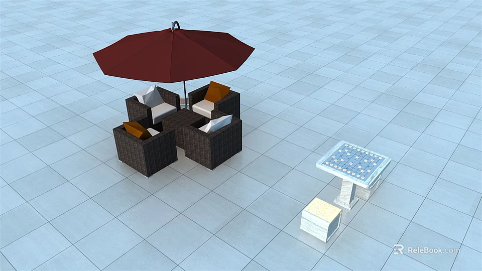 Outdoor Sofa Set With Red Umbrella Brown Cushions And Tile Floor 3d model 