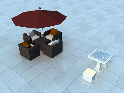 Outdoor Sofa Set With Red Umbrella Brown Cushions And Tile Floor 3d model