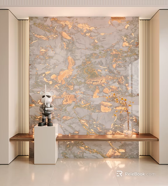 Luxury Marble Feature Wall With Gold Veins Robot Figurine And Potted Plant On Wooden Shelf 3d model 
