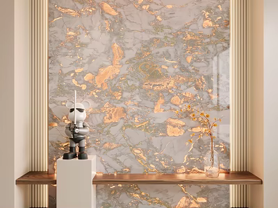 Luxury Marble Feature Wall With Gold Veins Robot Figurine And Potted Plant On Wooden Shelf 3d model