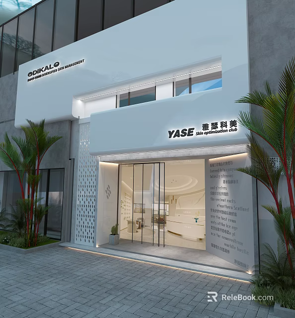 Modern YASE Technology Mall Store with Glass Door Green Plants and Exterior Lighting 3d model 
