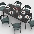 Rectangular Dining Table Set with Six Dark Green Upholstered Chairs Marble Top Tableware and Vase 3d model