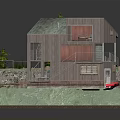 Cartoon Scene Of Modern Hillside House With Trees Swimming Pool And Patio Steps