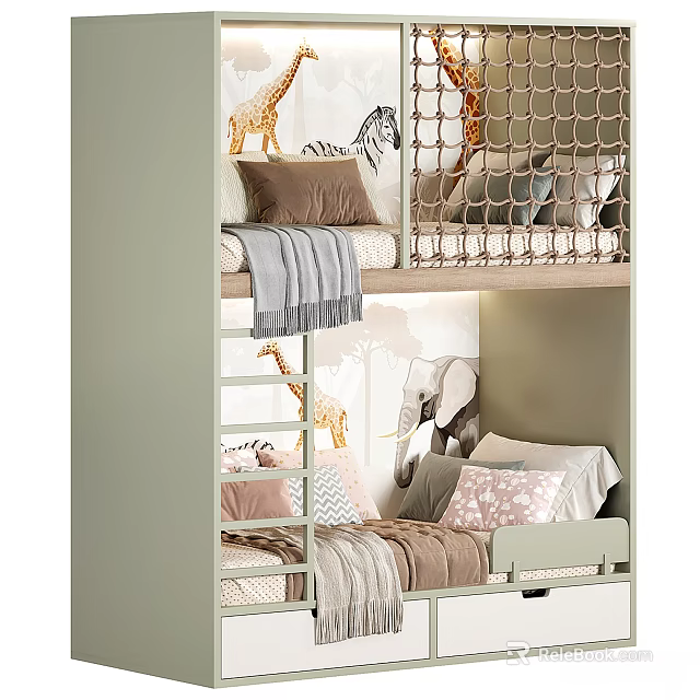 Kids Bunk Bed with Giraffe Elephant Prints Ladder Safety Net Soft Pillows and Blankets 3d model 