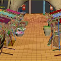 Vibrant Commercial Street With Wooden Chairs Colorful Awnings Orange Ground And Barrels