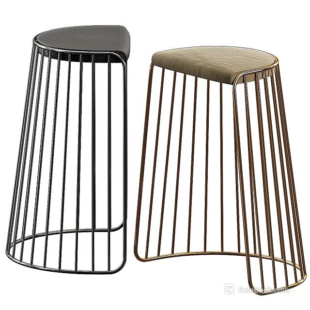 Sleek Black And Brass Metal Frame Bar Stools With Upholstered Seats 3d model 