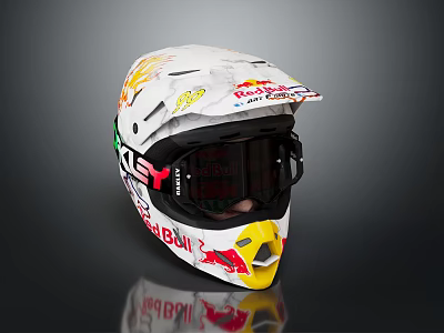 White Motorcycle Helmet With Red Bull Fox Logos Black Goggles And Racing Graphics 3d model