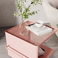 Elegant Pink Side Table With Metal Legs Plant Vase Cup And Book By Window Curtains