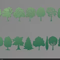 Cartoon Tree Scenes with Various Green Tree Shapes and Reflections on Dark Background 3d model