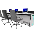 Modern Conference Table With Multiple Computer Monitors And Ergonomic Chairs For Office Workstation 3d model
