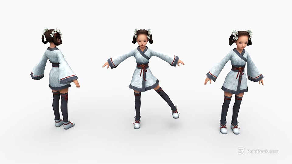 Game and Movie Character in Traditional White Robe with Twin Ponytails and Dark Belt 3d model 