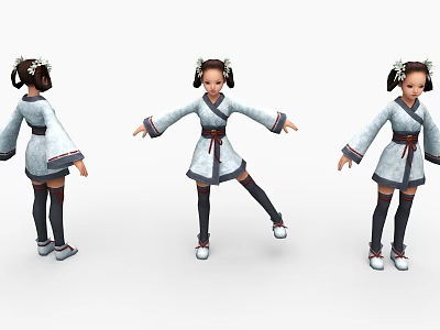 Game and Movie Character in Traditional White Robe with Twin Ponytails and Dark Belt 3d model