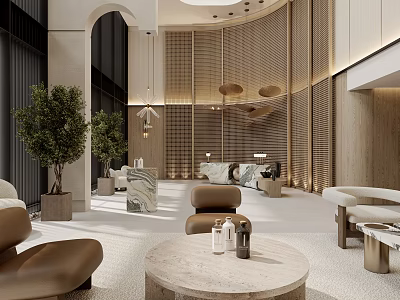 Luxurious Beauty Hair Salon Interior With Brown Sofas Marble Coffee Table And Green Plants 3d model