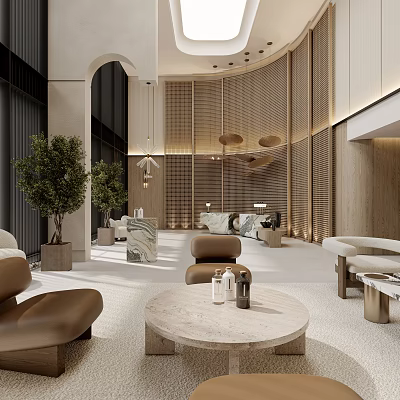 Luxurious Beauty Hair Salon Interior With Brown Sofas Marble Coffee Table And Green Plants 3d model