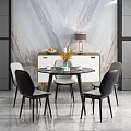 Modern Round Dining Table Set with Gray Chairs White Cabinet and Marble Floor 3d model