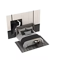 Modern Double Bed With Upholstered Headboard And Decorative Wall Panels With Pillows And Striped Rug
