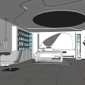 Modern SPA Sauna Interior Design With Curved Ceiling Blue Shelves And Gray Chair