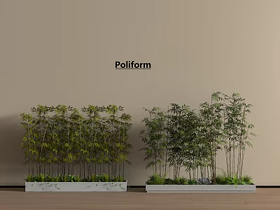 Green Bamboo Plants In White Rectangular Planters Against Beige Wall 3d model