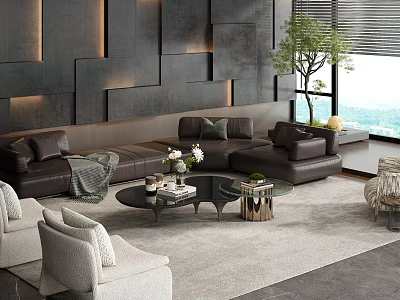 Modern Living Room With Dark Gray Wall Brown L Shaped Sofa And Glass Coffee Table 3d model