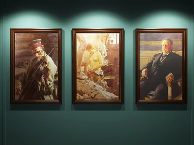 Three Framed Oil Paintings Hanging On Dark Green Background Wall Lit With Spotlights 3d model