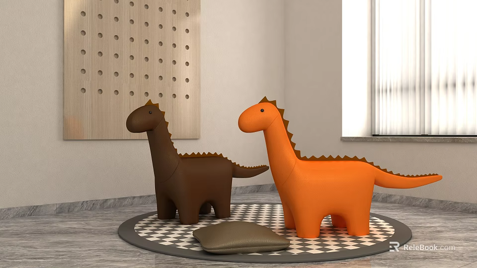 Brown and Orange Dinosaur Plush Toys On Round Checkered Rug With Small Cushion 3d model 
