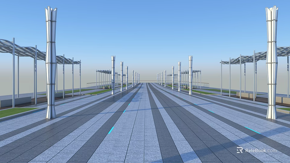 Municipal Road Design Featuring Gray Paving Lanes Street Lamps And Green Strips 3d model 
