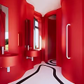 Modern Red Public Restroom With Curved Walls Double Sinks Mirrors And Black White Floor