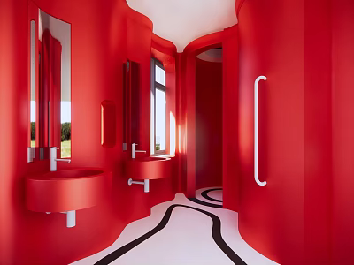 Modern Red Public Restroom With Curved Walls Double Sinks Mirrors And Black White Floor 3d model