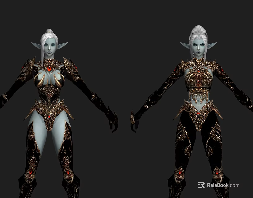 Elven Game And Movie Character With Blue Skin Ornate Black Gold Outfit Red Gem Accents 3d model 