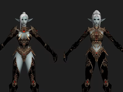 Elven Game And Movie Character With Blue Skin Ornate Black Gold Outfit Red Gem Accents 3d model