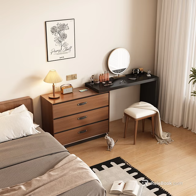 Elegant Wooden Vanity Table With Mirror Lamp Drawers And Stool In Bedroom 3d model 