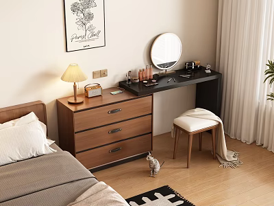 Elegant Wooden Vanity Table With Mirror Lamp Drawers And Stool In Bedroom 3d model