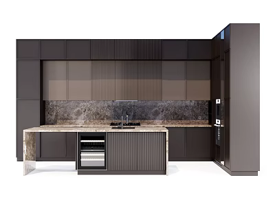 Modern Dark Kitchen Cabinets With Marble Countertop Island Built in Oven And Backsplash 3d model