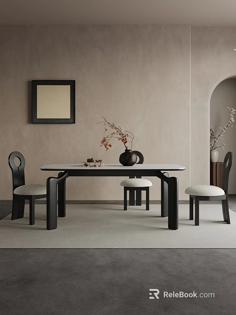 Modern Restaurant Interior With Neutral Beige Walls Wooden Dining Table Black Chairs And Framed Artwork 3d model 