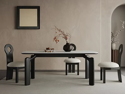 Modern Restaurant Interior With Neutral Beige Walls Wooden Dining Table Black Chairs And Framed Artwork 3d model