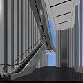 Modern Elevator Lobby Design With Escalator White Walls Black Marble Flooring And Large Windows