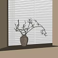 Wooden Vase With Branches And Small Blooms On Window Sill By Blinds In Natural Light