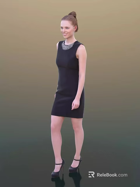 Woman wearing elegant black dress with decorative necklace standing against gradient background 3d model 