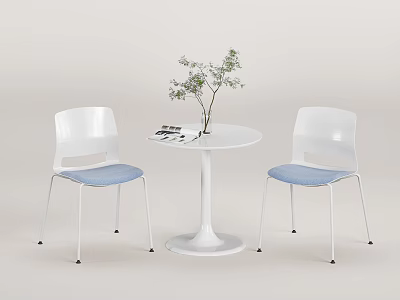 Modern White Office Chair With Blue Cushion Round Table Plant And Magazine 3d model