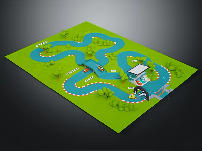 Cartoon Racing Track Scene With Green Grass Curved Roads And Toy Cars 3d model