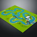 Cartoon Racing Track Scene With Green Grass Curved Roads And Toy Cars