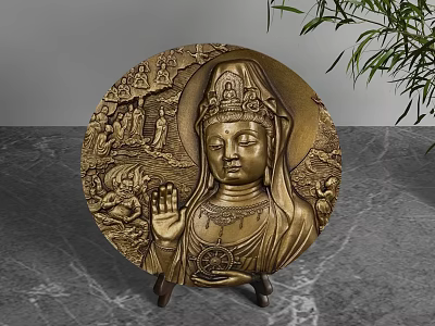 Brass Circular Guanyin Decorative Ornament Set with Carved Relief on Marble Surface and Green Plant 3d model
